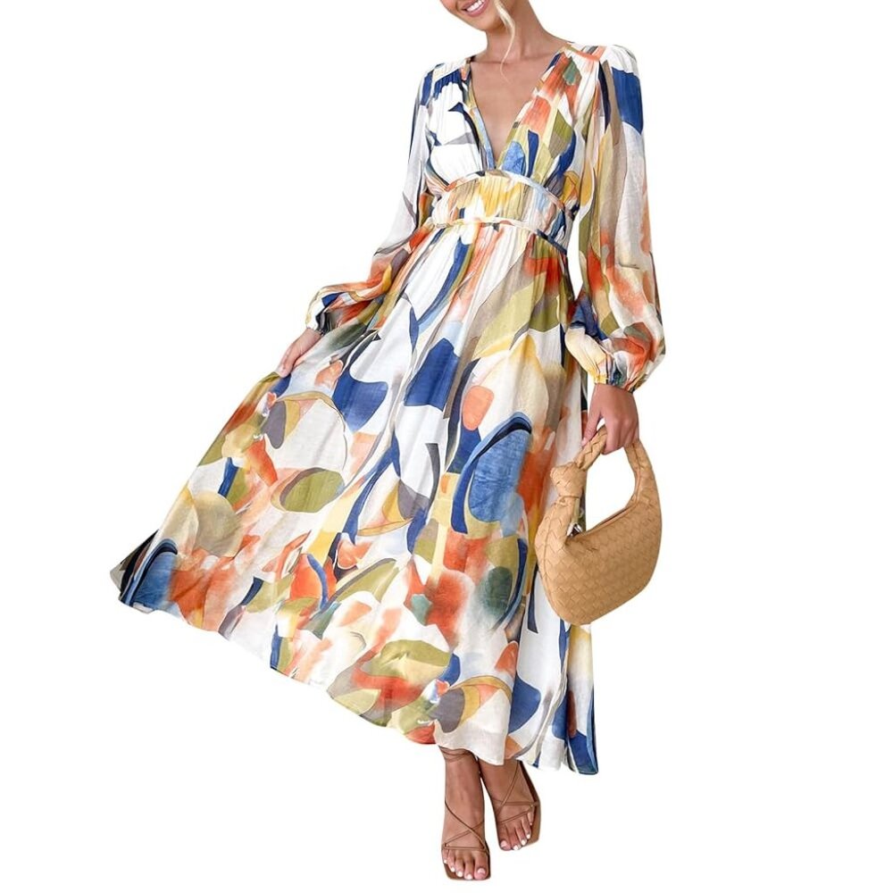 Colorful Abstract Long Sleeve Maxi Dress – Boho Chic, Flowing & Elegant Sz S